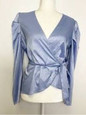 Express Pale Blue Animal Print Wrap Blouse with Waist Tie